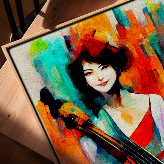 Colorful cellist portrait painting in a golden oak frame for living room decor