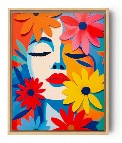 Illustration vibrante d'une femme parmi un bouquet multicolore, captivant le regard