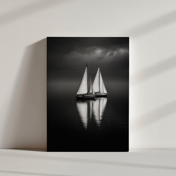 Two sailboats fine art photography on a tranquil sea beneath dramatic clouds; luminous sails contrast with moody tones – ideal minimalist wall art