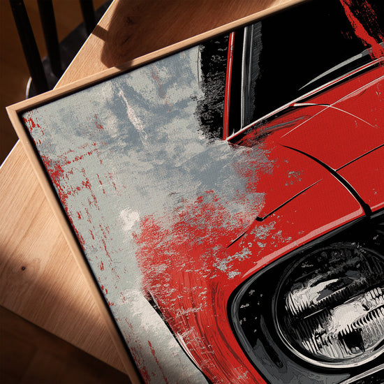 Front view of red vintage car, industrial-style wall art poster