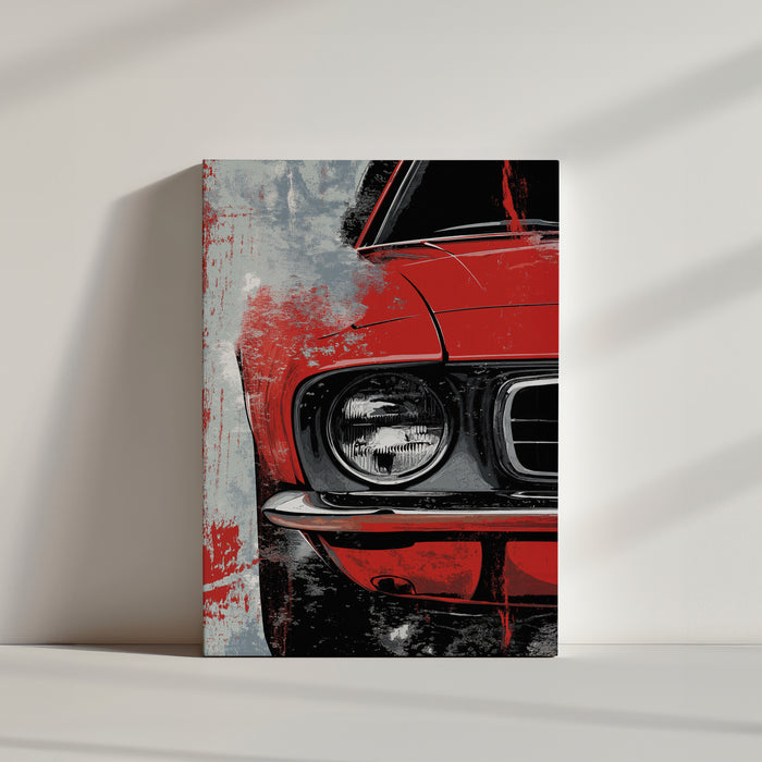 Close-up of red vintage car headlight in modern abstract grunge art print
