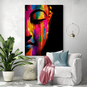 Vibrant Buddha painting poster adorning a modern living room wall, complemented by a white armchair, pastel pillows, and a large green plant.