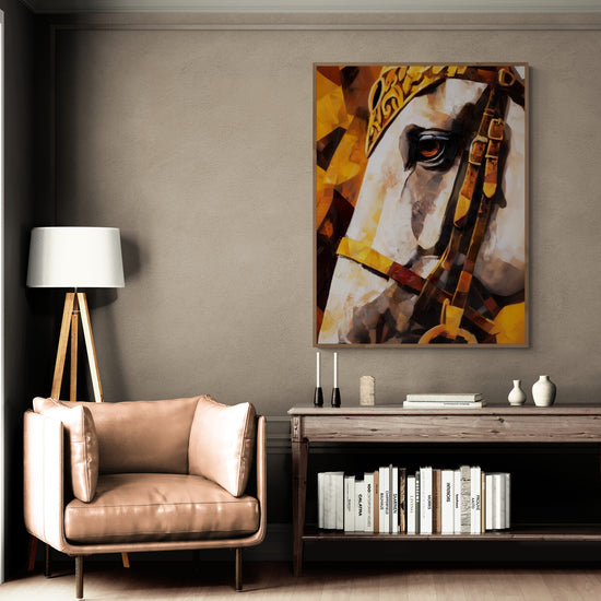 Elegant living room with beige leather armchair, tripod floor lamp, and large white horse head wall art