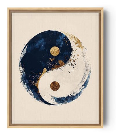 llustration du symbole yin-yang revisité en style artistique. Le fond est beige uni, et le cercle est divisé en deux moitiés : l’une bleu nuit avec des touches dorées, l’autre blanche éclaboussée de bleu et d’or. Chaque point central est doré, ajoutant une touche élégante et spirituelle. Une composition harmonieuse entre équilibre, contraste et modernité.