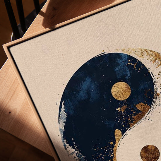 Yin Yang bleu et or tableau zen pour salon scandinave