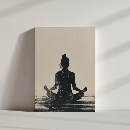 Illustration of a female silhouette seated in the lotus position, a common meditation or yoga pose