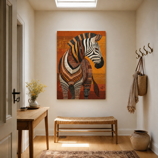 Zebra canvas wall art with African tribal designs in orange and brown, contemporary living room decor