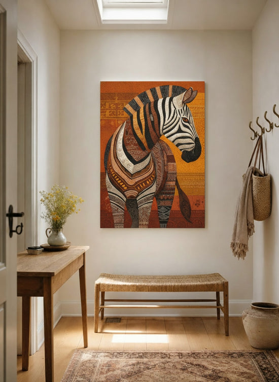 Tableau zèbre stylisé motifs ethniques africains tons orange marron décoration murale salon contemporain