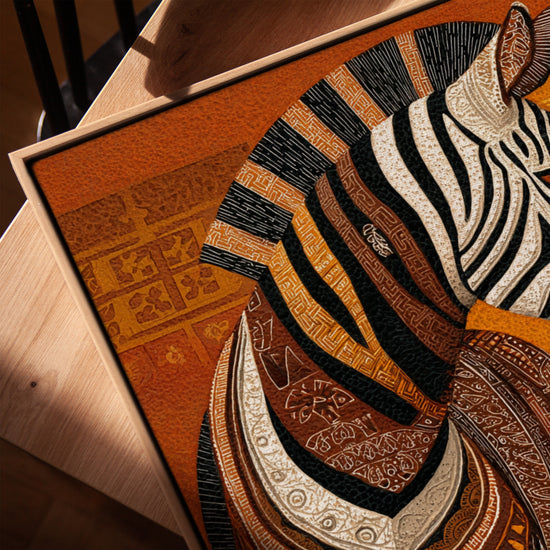 Tableau zèbre motifs ethniques africains tons orange marron accroché dans salon avec cadre chêne doré