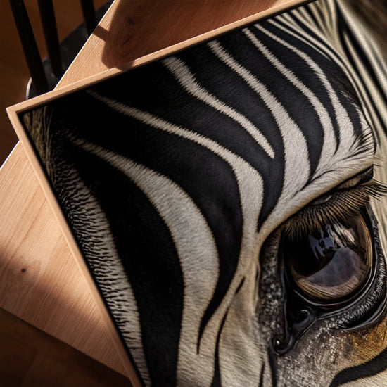 Black and white zebra wall art for living room, golden oak frame