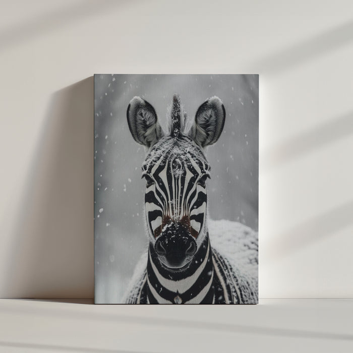 Photographie d'un visage d'un zèbre, capturé en gros plan, avec des flocons de neige qui parsèment son pelage noir et blanc