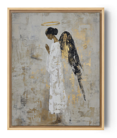 Tableau zen ange en prière sur fond texturé beige or, art mural apaisant et spirituel