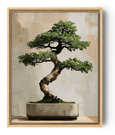 Japanese bonsai tree canvas print with soft beige tones, calming zen wall decor