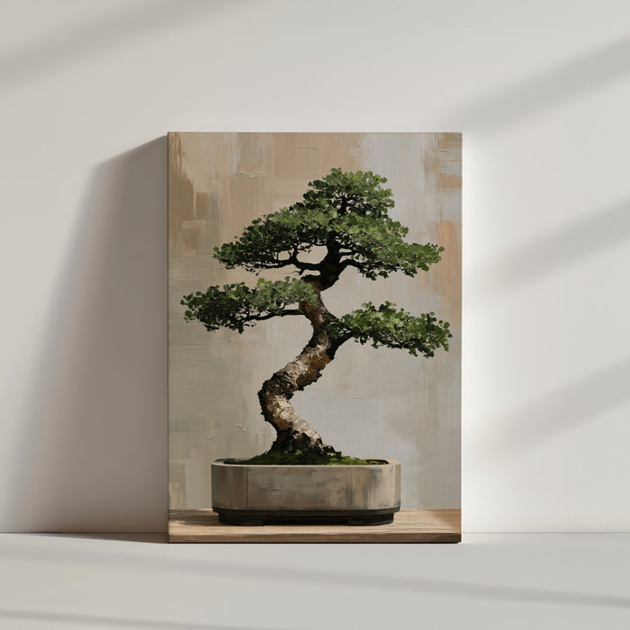 Textured canvas bonsai painting on a creamy beige backdrop, minimal modern styling