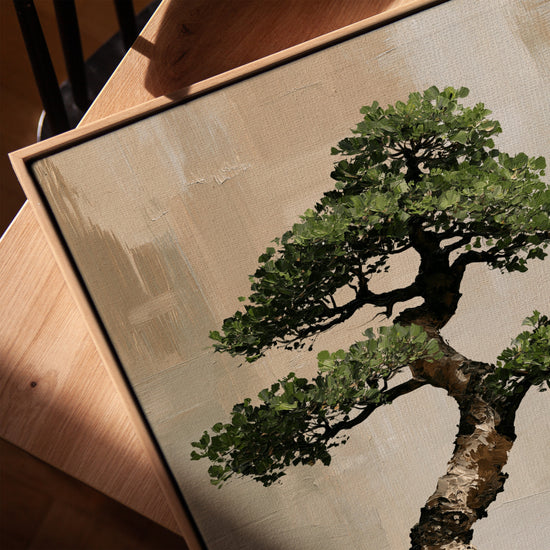 Bonsai wall art in a warm oak frame, neutral beige background for living room decor