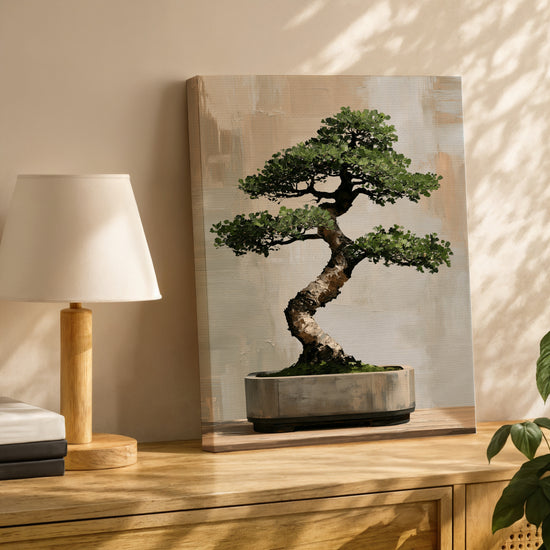 Modern zen bonsai canvas above sideboard, soft beige abstract background, Japanese-inspired art