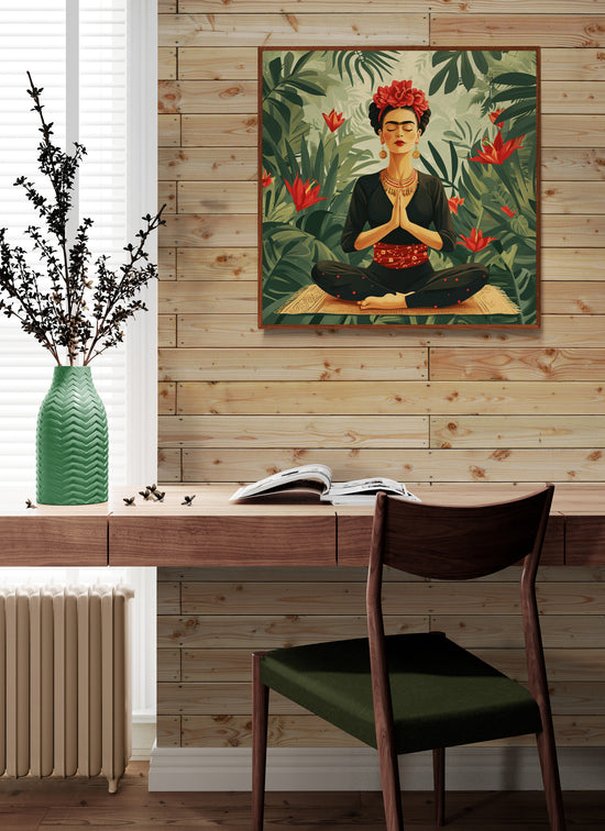 Tableau Frida Kahlo méditation, ambiance zen bureau, vase vert, branches noires