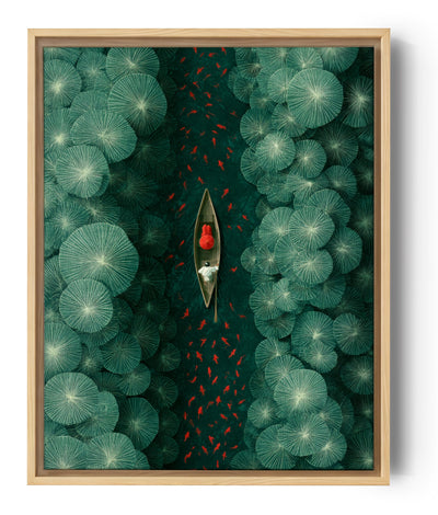 Aerial pond art print with red boat and green lily pads, tranquil zen scene