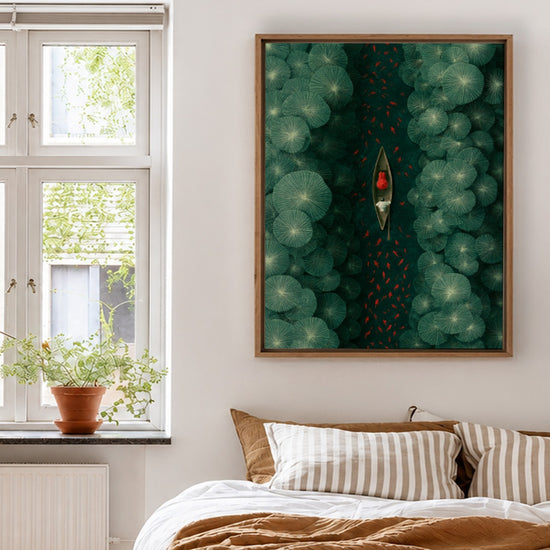 Bedroom wall art with serene lotus leaves in deep greens and a red boat