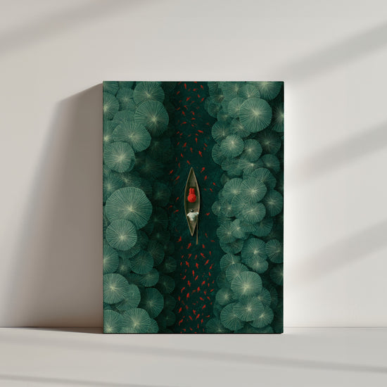 Minimalist interior with lotus pond wall art, red boat and goldfish, serene decor