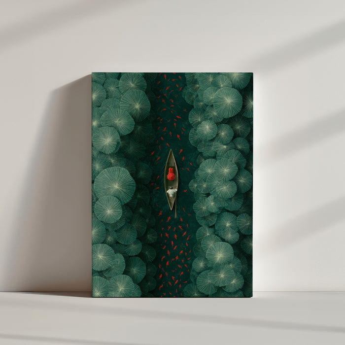 Minimalist interior with lotus pond wall art, red boat and goldfish, serene decor