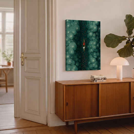 Calming wall decor featuring a red boat, emerald lily pads, and goldfish for living room or bedroom