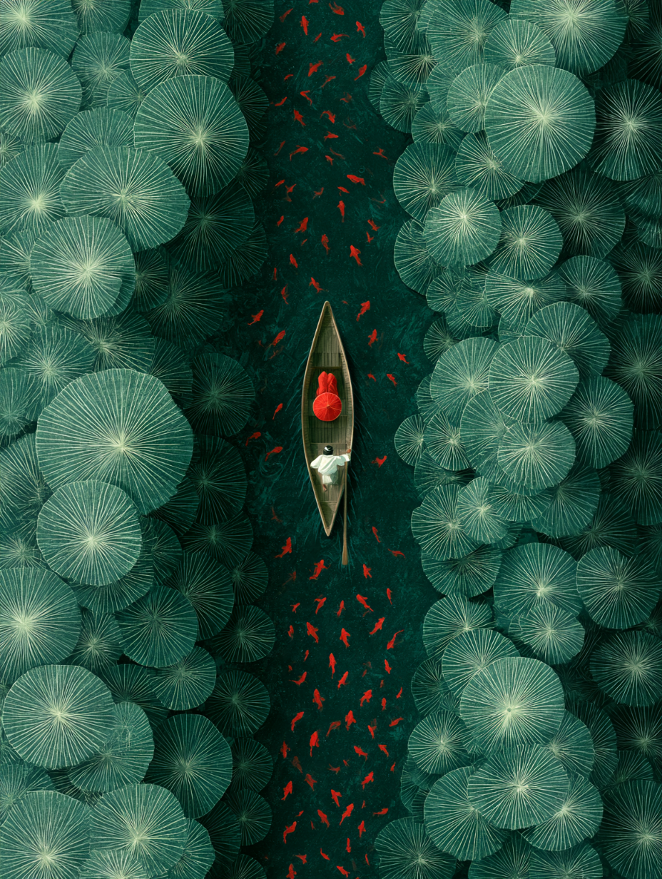 Zen Wall Art – Red Boat on Emerald Lotus Pond