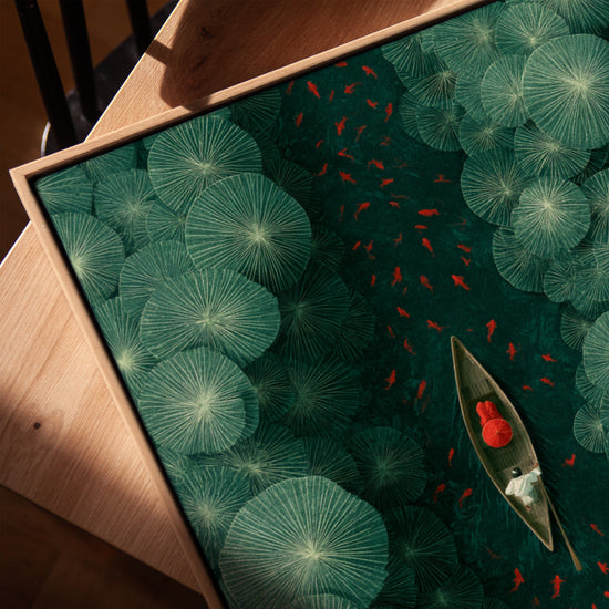 Living room decor: framed zen wall art of red boat on emerald lily pads