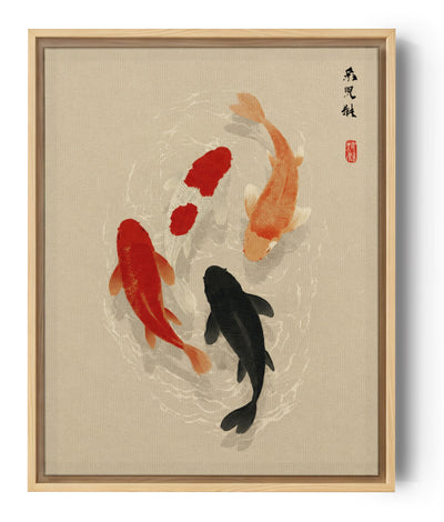Wandbild Koi-Karpfen in Rot, Orange, Schwarz mit asiatischer Kalligrafie, ruhige Zen-Stimmung