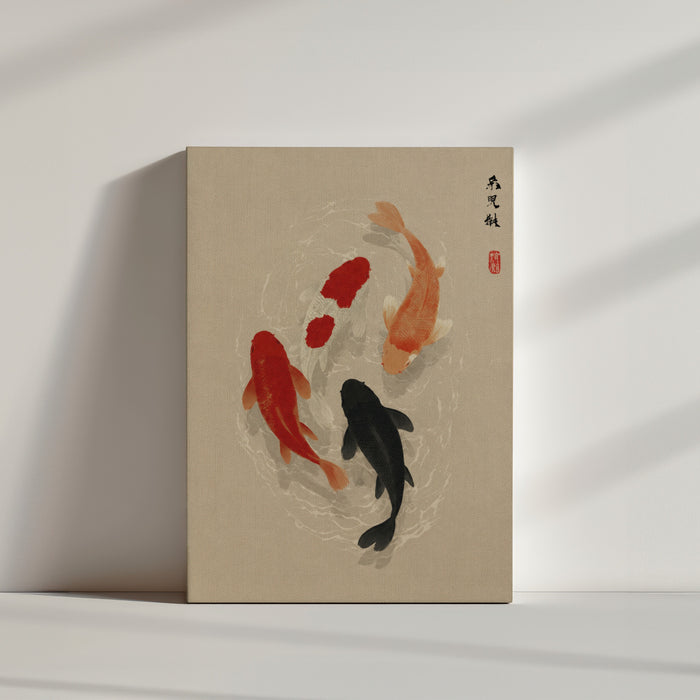 Tableau zen carpes koï rouge orange noir calligraphie asiatique décoration murale minimaliste épurée