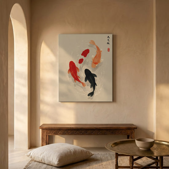 Tableau zen carpes koï rouge orange noir calligraphie asiatique décoration murale salon épuré