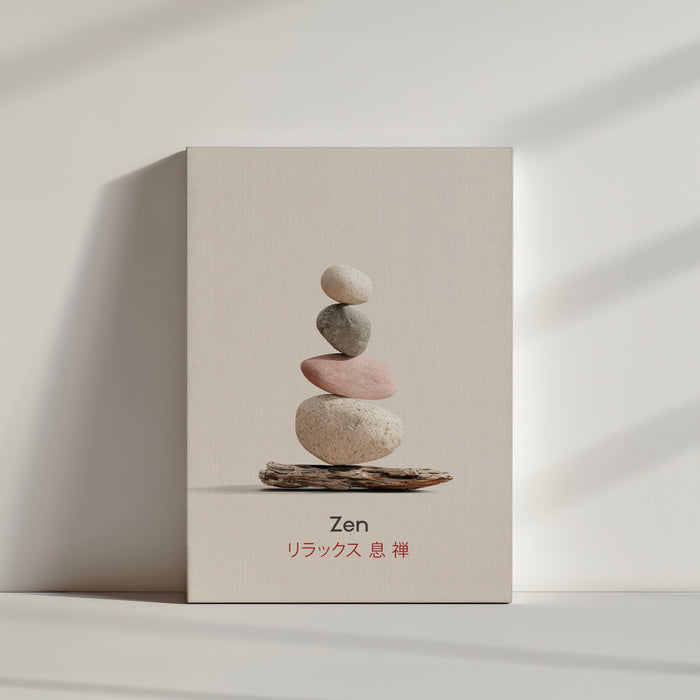 Modern minimalist Zen canvas print with stacked pebbles, beige background and Japanese calligraphy, calming wall decor