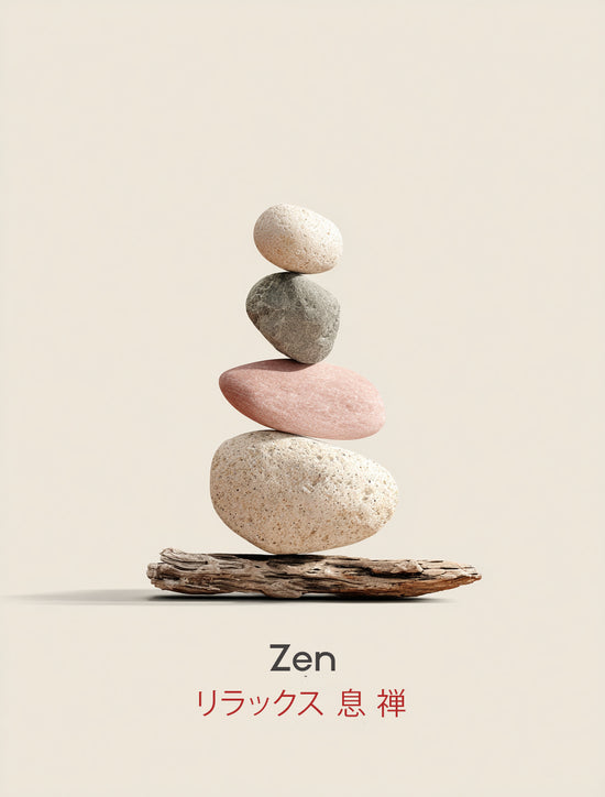 Zen wall art depicting stacked natural stones on a beige background with Japanese calligraphy relax, breathe, and zen; minimalistic modern decor style