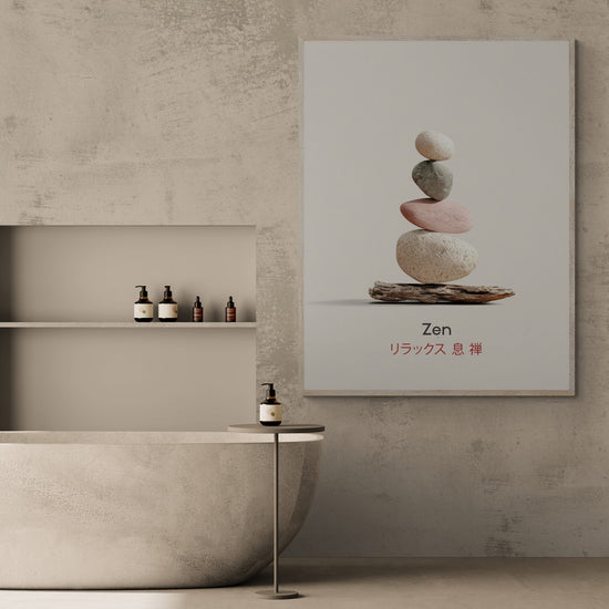 Large zen artwork with stones and Japanese calligraphy installed in a modern bathroom with a stylish bathtub, light concrete walls, and side table for bath accessories, a relaxing and elegant decor