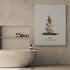 Large zen artwork with stones and Japanese calligraphy installed in a modern bathroom with a stylish bathtub, light concrete walls, and side table for bath accessories, a relaxing and elegant decor