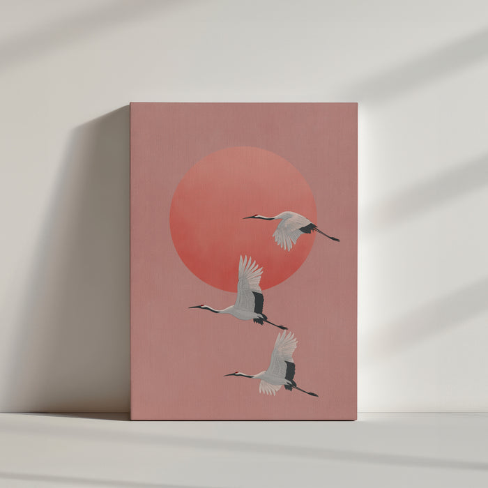 Tableau zen trois grues blanches soleil corail style japonais présentation toile décorative murale