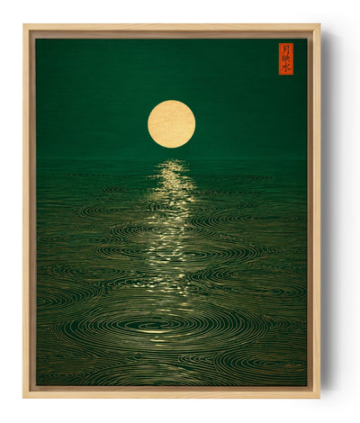 Minimalist golden moon over green sea with Japanese calligraphy, serene canvas print