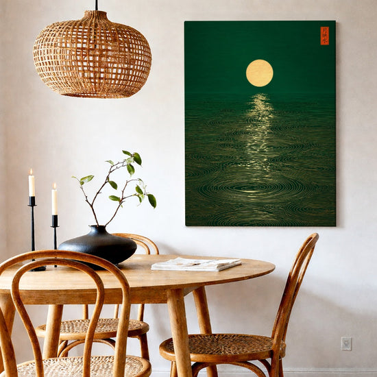 Tableau zen lune dorée sur eau verte décoration murale salon salle à manger ambiance méditative