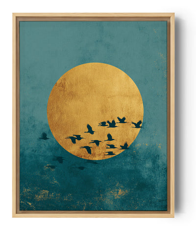 Zen schilderij vliegende vogels voor gouden zon op rustgevende turquoise blauwe achtergrond