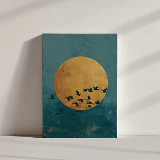 Tableau zen oiseaux en vol soleil doré ciel turquoise dans ambiance minimaliste épurée