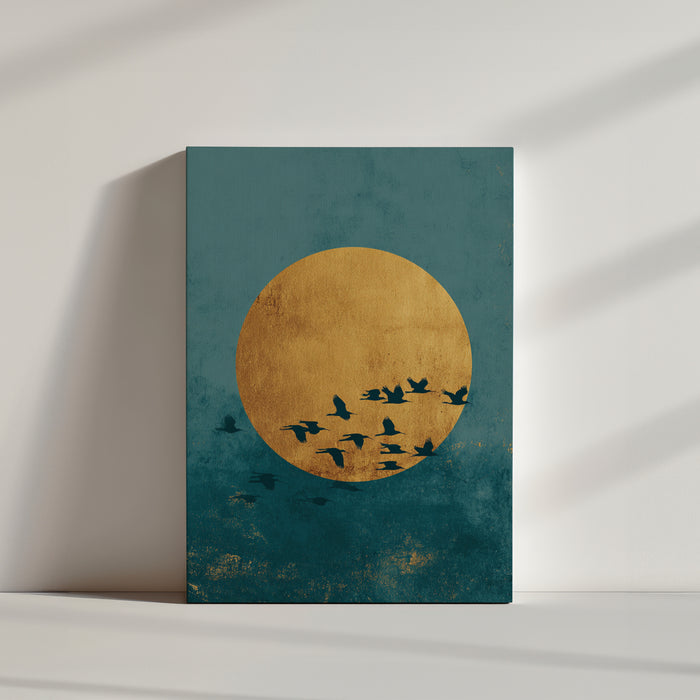 Tableau zen oiseaux en vol soleil doré ciel turquoise dans ambiance minimaliste épurée