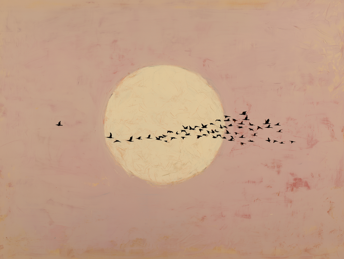 Moon and Birds Canvas Print - Dusty Pink Zen Wall Art