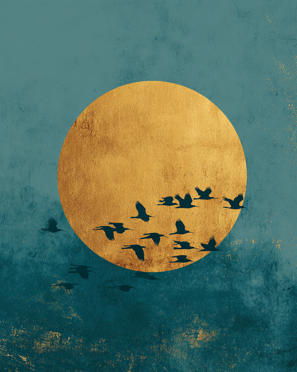 Tableau Oiseaux zen - Soleil doré et ciel turquoise