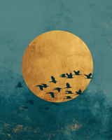 Tableau zen oiseaux en vol devant soleil doré sur fond bleu turquoise apaisant