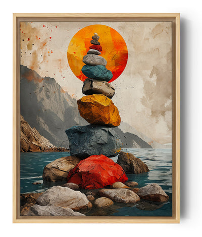 Une composition artistique captivante représentant un empilement de pierres colorées en équilibre parfait, avec un soleil flamboyant en arrière-plan. Ce paysage apaisant, entre montagnes et eau cristalline, invite à la méditation et à la détente, idéal pour une décoration zen et harmonieuse.