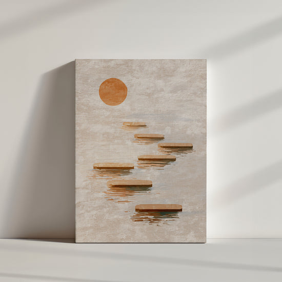 Tableau zen aux pierres flottantes sous un soleil rouge, style minimaliste apaisant