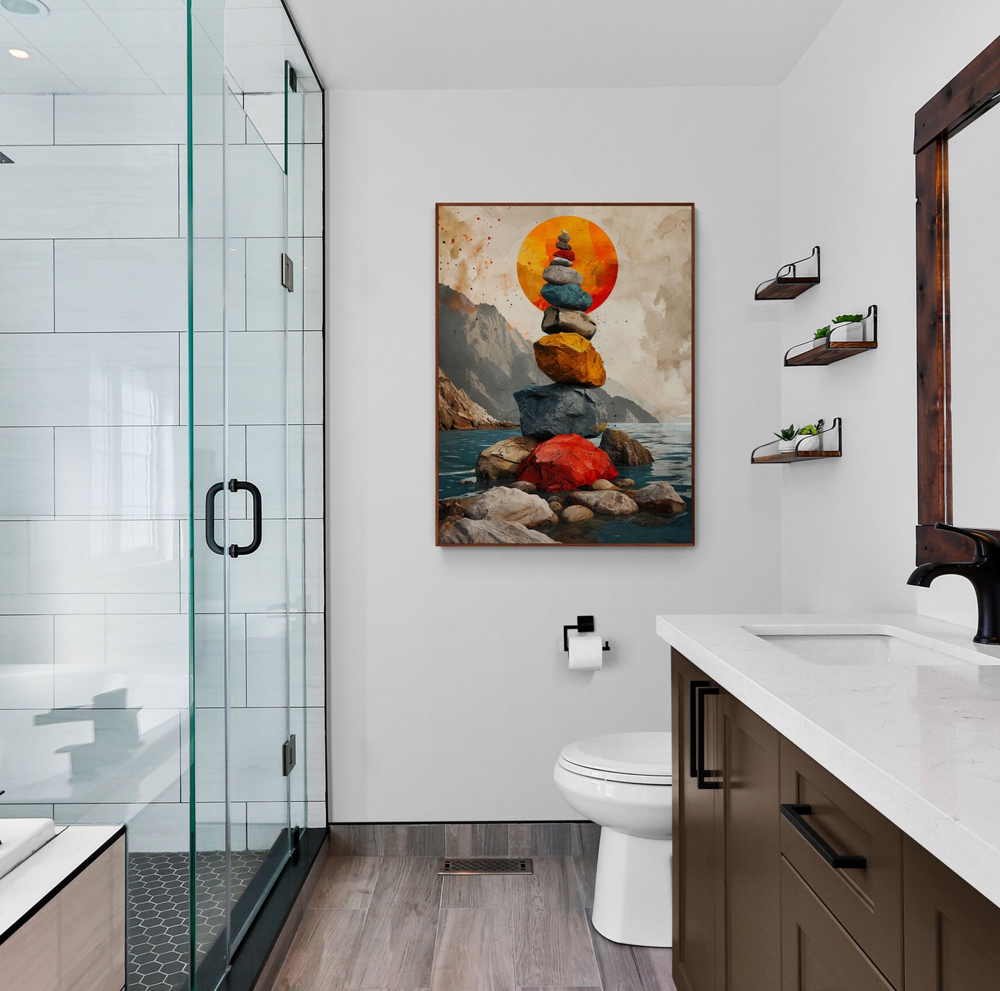 alle de bain moderne avec tableau zen au-dessus des toilettes.