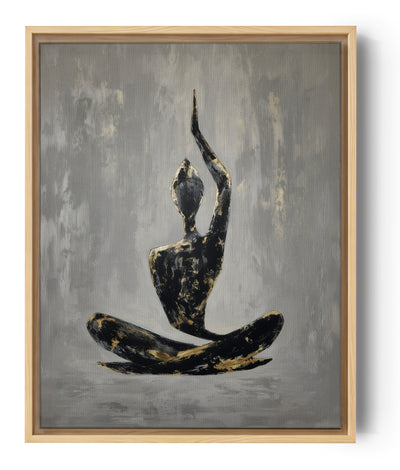 Tableau zen silhouette méditation yoga noir doré fond gris texturé apaisement spirituel