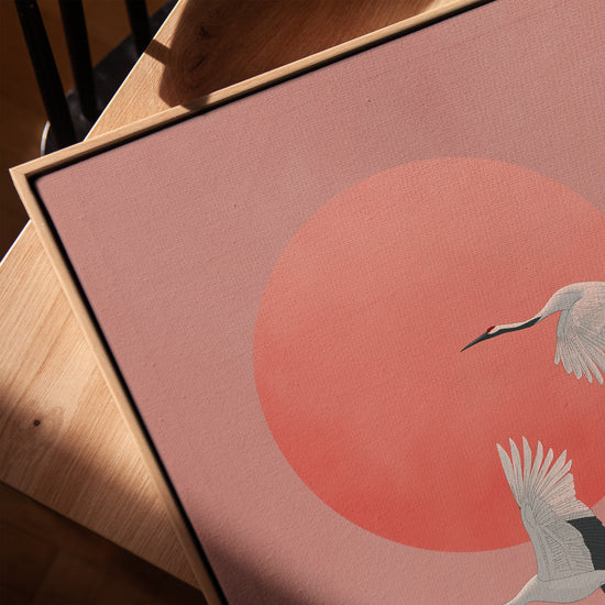Tableau zen trois grues blanches en vol cercle corail art japonais décoration salon moderne
