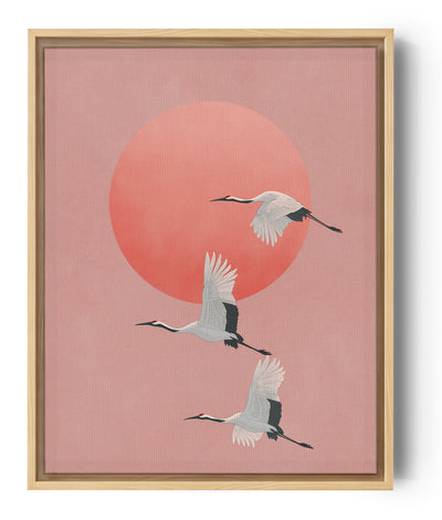 Zen-Wandbild drei weiße Kraniche im Flug vor Korallkreis beruhigende Stimmung japanische Kunst